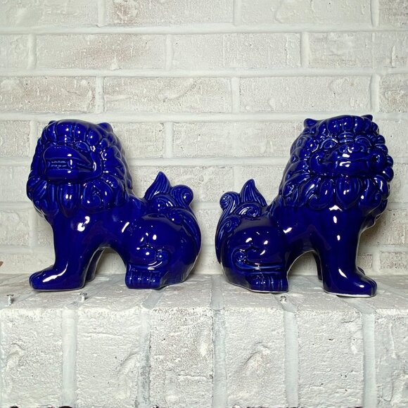 FOO DOG/LIONS - Chinoiserie - Cobalt Blue - Pair - Picture 1 of 8